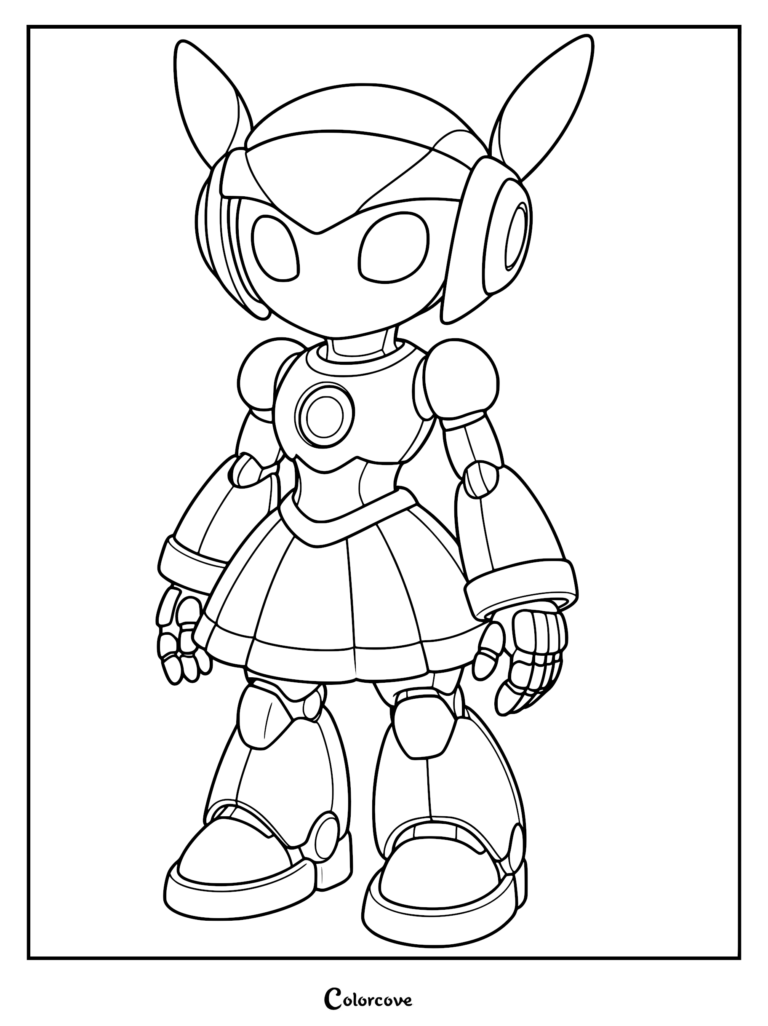 A cute robot girl with bunny-like ears and a skirt standing in this printable coloring page.