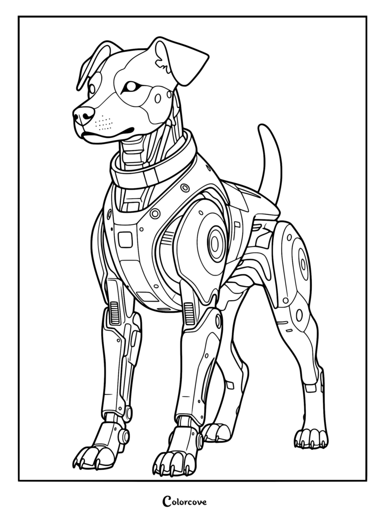 A detailed line art coloring page of a mechanical robot dog with segmented metal plating and robotic joints standing alert.
