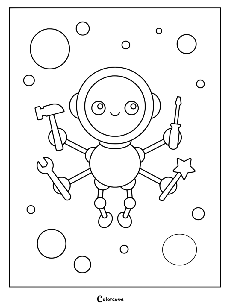 A cute robot with four arms holding a hammer, screwdriver, wrench, and star wand in this printable coloring page.