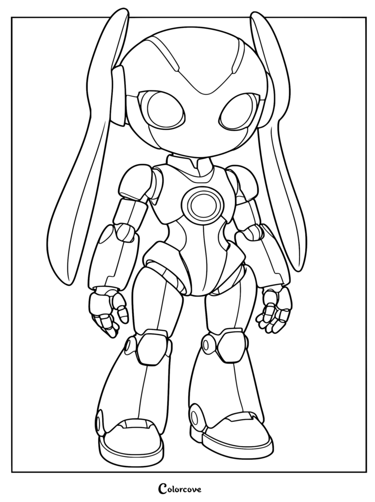 A line art coloring page of a robot designed with Cream the Rabbit features, including long ears and large eyes.