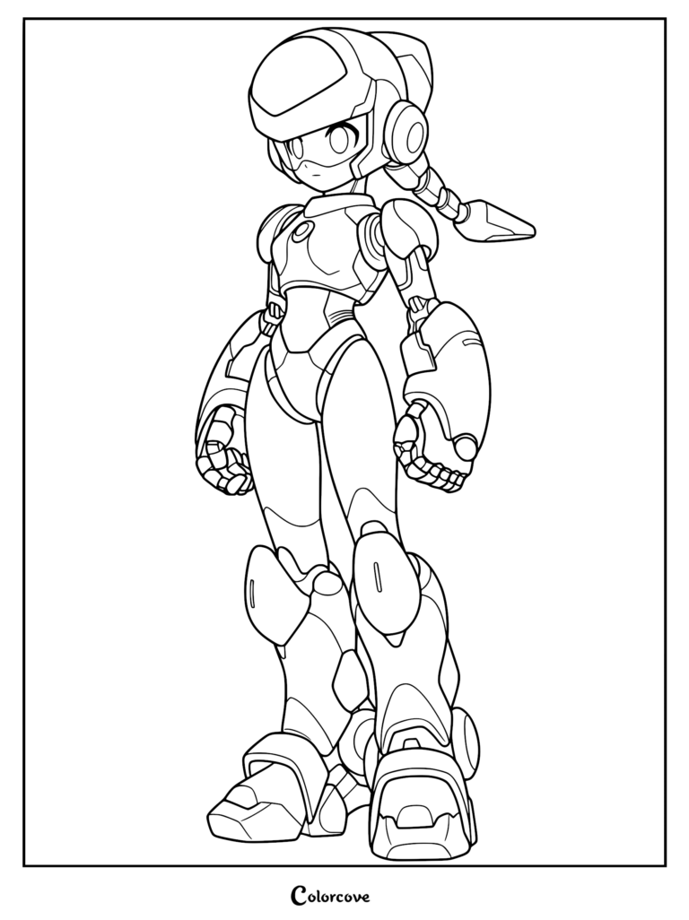 Line art coloring page of Layer from Mega Man X series standing in armor with a ponytail