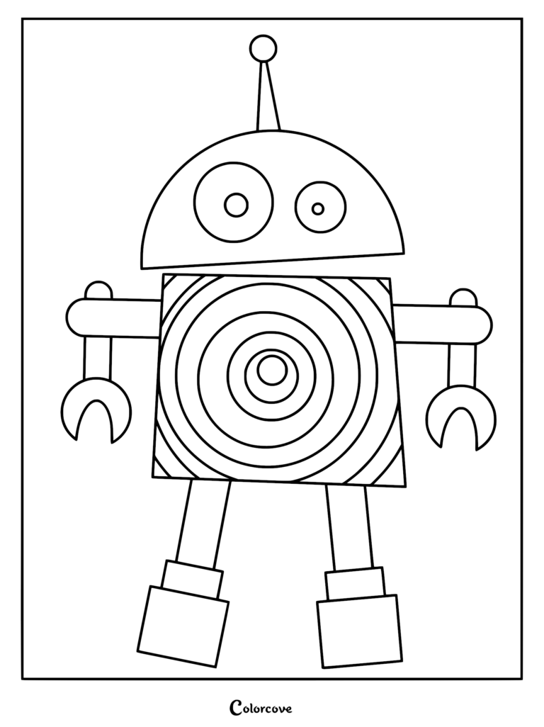 A simple robot coloring page featuring a dome head with an antenna and a square torso decorated with concentric circles.