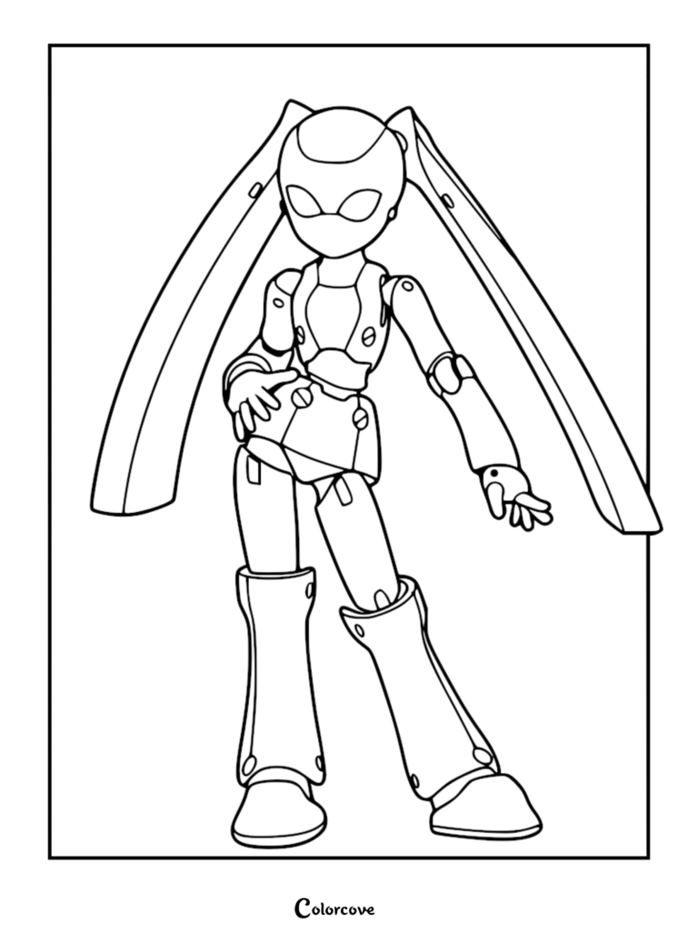 A line art coloring page featuring a sleek robot girl with long, flowing mechanical ears and jointed limbs standing in a confident pose.