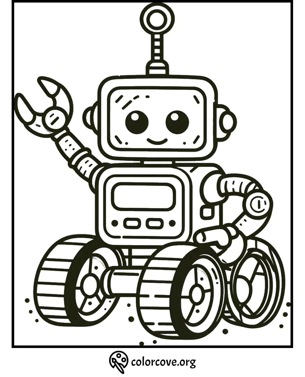 Cute robot coloring page for kids to print and color, featuring a friendly robot waving with a happy face, wheels, and antennas.