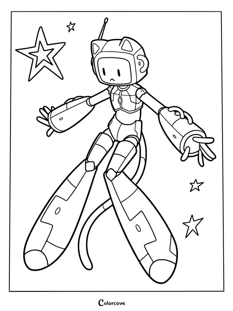 A cat-eared robot with a screen face and long legs floating among stars in this printable coloring page.