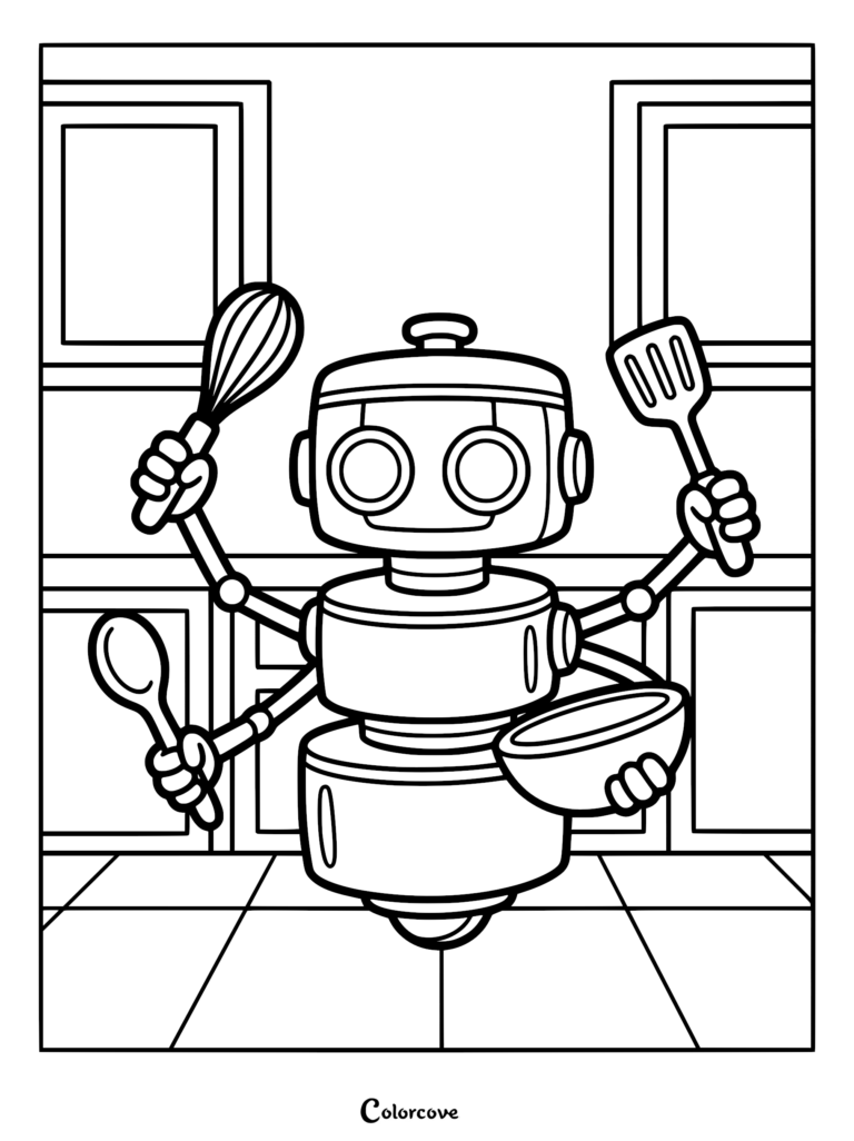 A robot chef with four arms holding a whisk, spatula, spoon, and bowl in a kitchen coloring page.