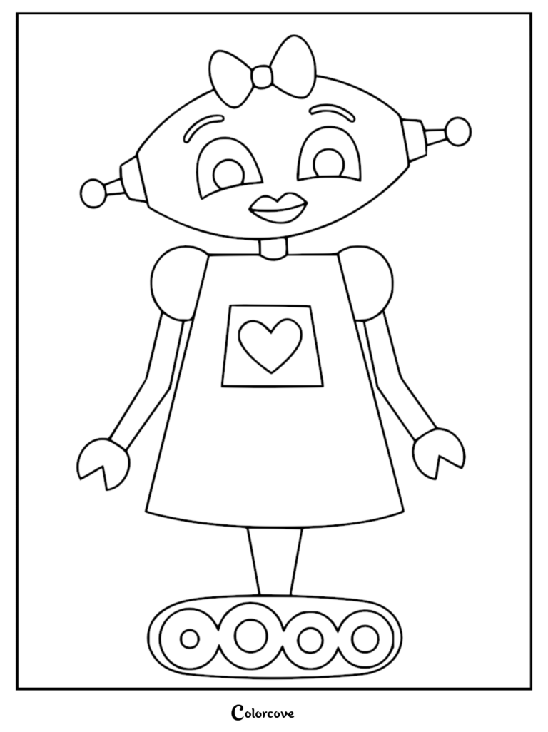 A printable coloring page featuring a cute girl robot with a bow, heart chest plate, and tread wheels.
