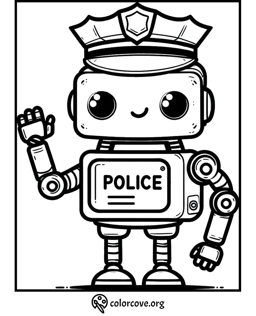 Printable coloring page of a cute robot police officer waving, perfect for kids. Download and color this fun law enforcement bot.