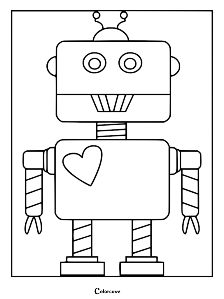 A simple line art coloring page of a friendly robot featuring a large heart on its chest, antenna, and striped limbs.