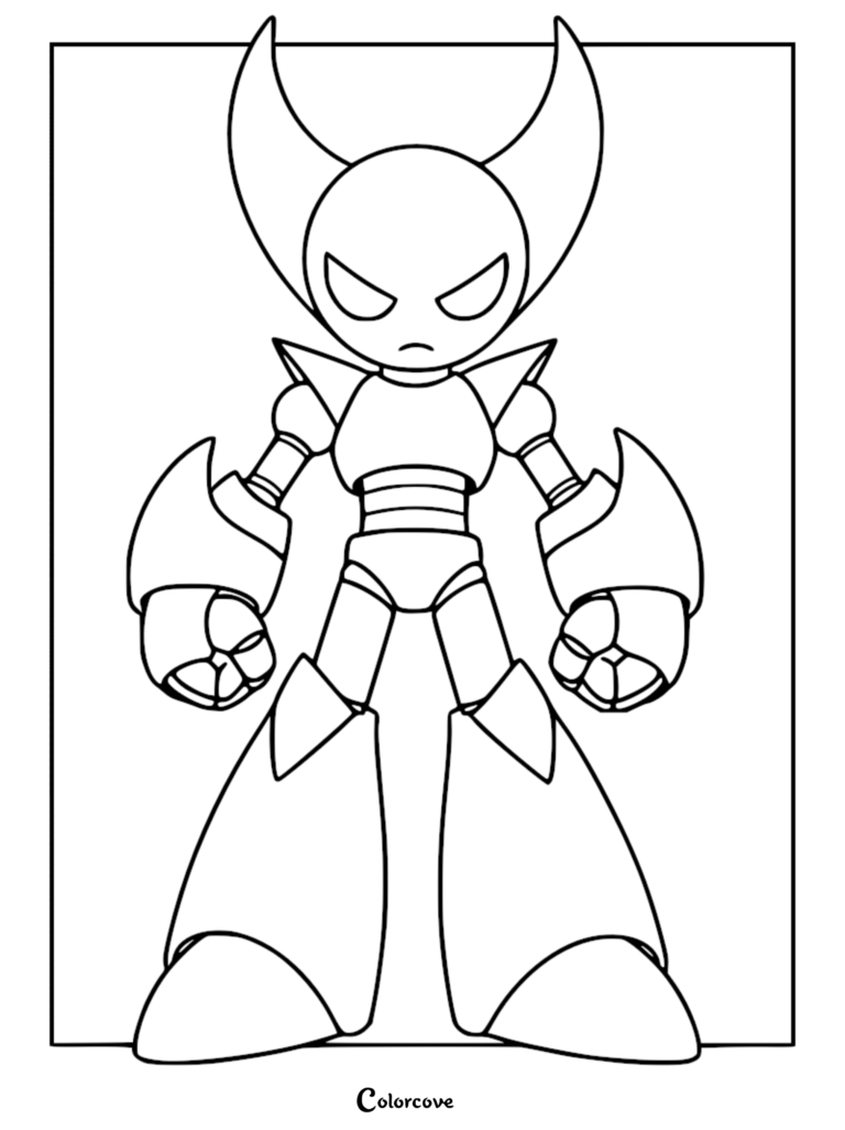 A bold line art coloring page of Dexter's Robot from Dexter's Laboratory standing in a powerful pose with large horns and armored fists.