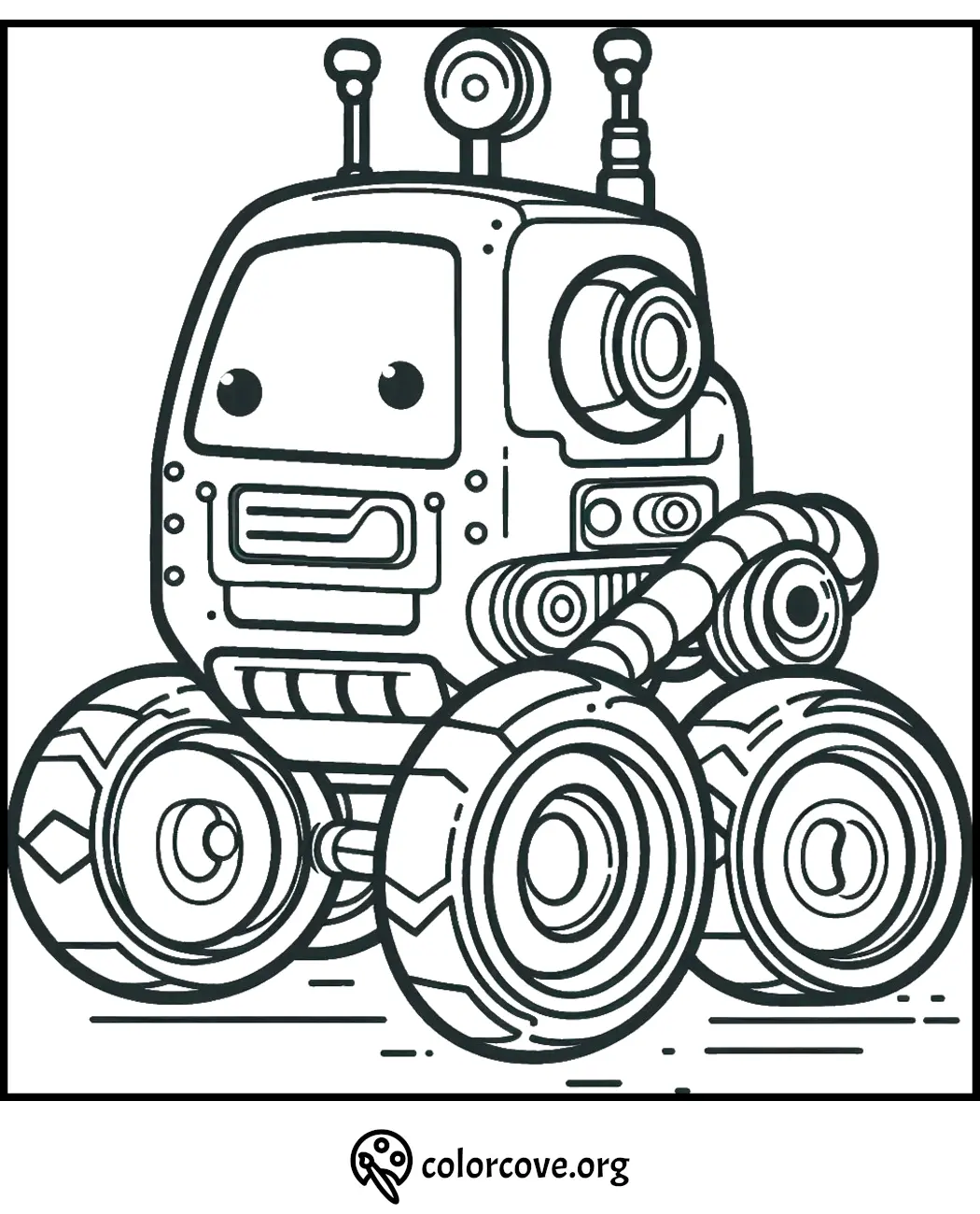 Cute robot coloring page with large wheels, fun details, and antennas. Perfect for kids who love to color robots.