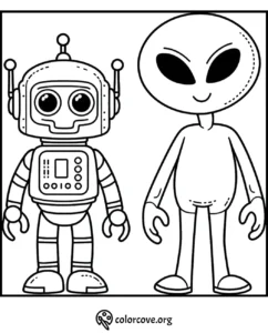 Printable coloring page featuring a cute robot and friendly alien for kids to color. Download for free at colorcove.org.