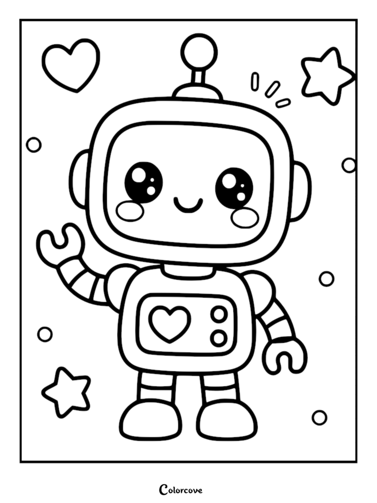 A cute kawaii robot with a heart on its chest, surrounded by hearts and stars in this printable coloring page.