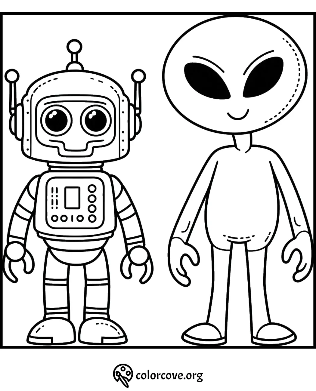 Printable coloring page featuring a cute robot and friendly alien for kids to color. Download for free at colorcove.org.