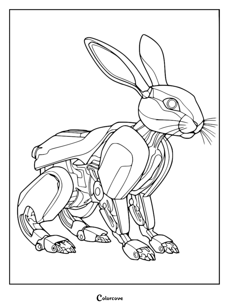 A detailed mechanical robot rabbit coloring page featuring intricate metal plating and robotic joints.