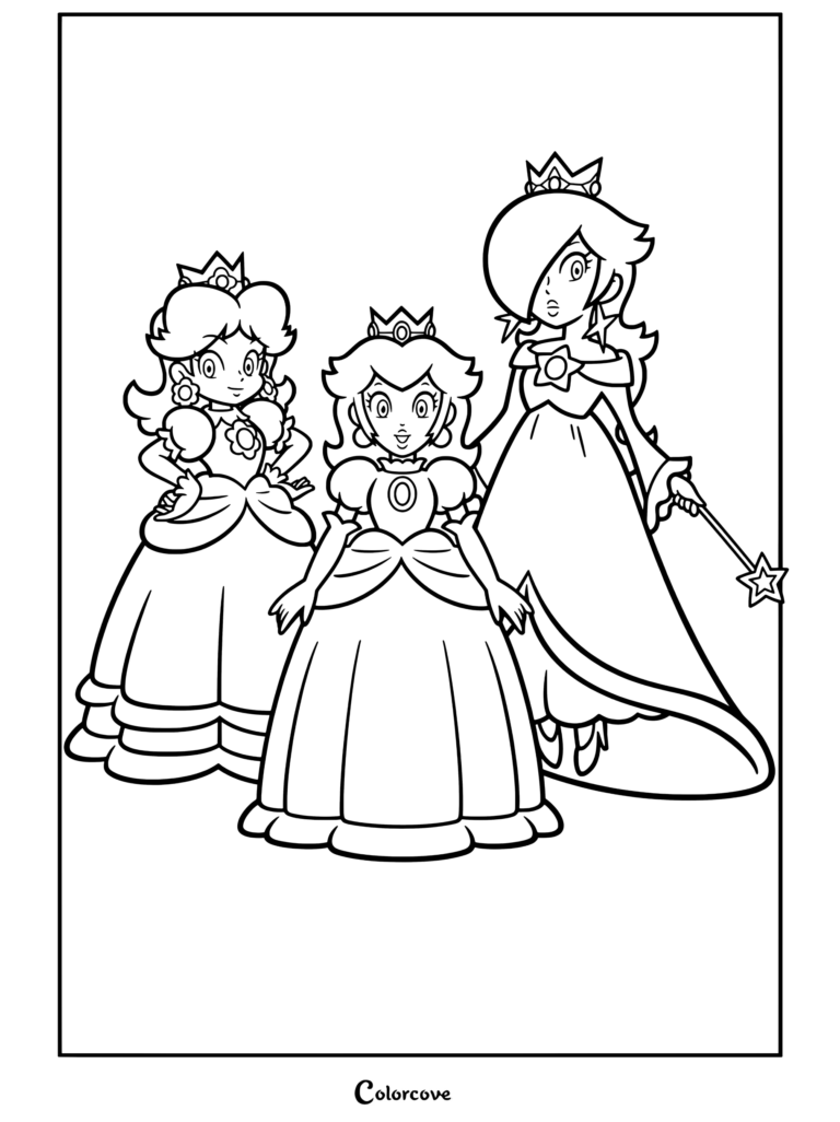 Dibujo para colorear gratuito imprimible que muestra a la Princesa Peach, Daisy y Rosalina de pie juntas en una ilustración de Super Mario.