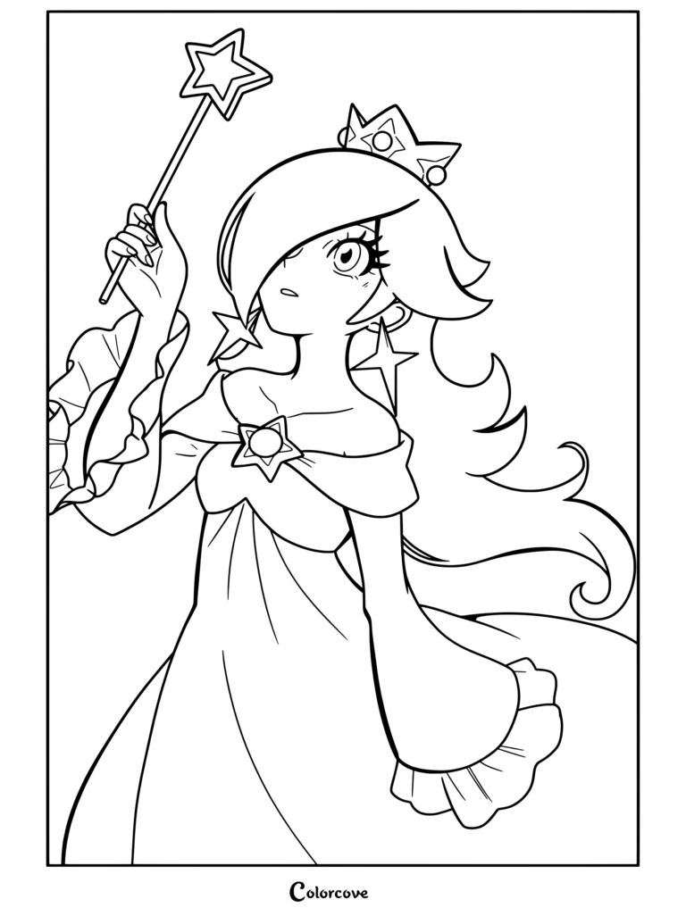 Dibujo para colorear gratuito imprimible de Rosalina sosteniendo una varita mágica, con su estrella brillante, su corona y un vestido detallado sobre un fondo de galaxia.