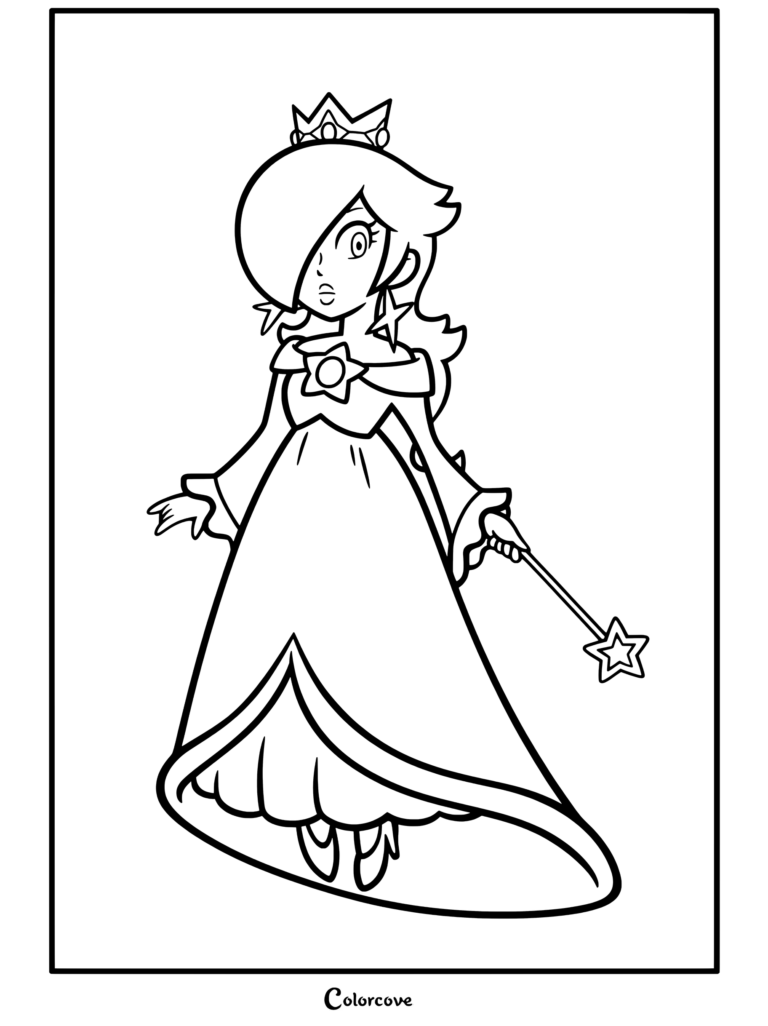 Dibujo para colorear de Rosalina sosteniendo una varita mágica con vestido turquesa, corona y pendientes de estrella en medio de estrellas pastel y un fondo de arcoíris