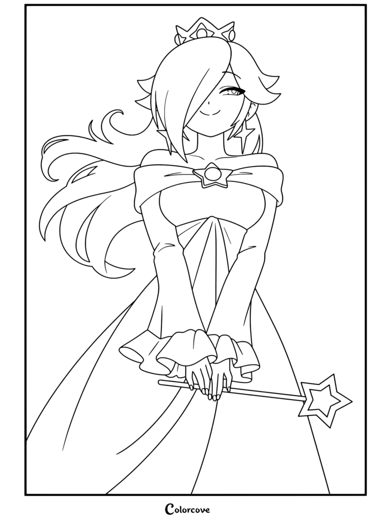 Dibujo para colorear gratuito imprimible de Rosalina sosteniendo una varita mágica con una sonrisa segura frente a una explosión.