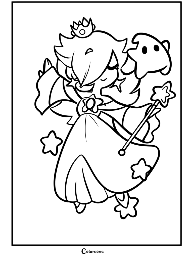 Dibujo para colorear imprimible de Rosalina sosteniendo su varita de estrella, rodeada de destellos y un amigable Destello flotando cerca.