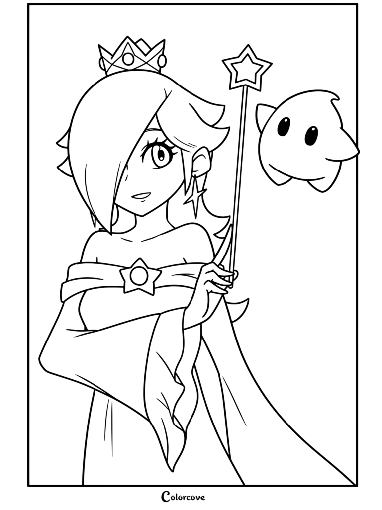Dibujo para colorear gratuito imprimible de Rosalina sosteniendo una varita de estrella con un Destello flotando cerca, vistiendo su vestido azul y su corona.