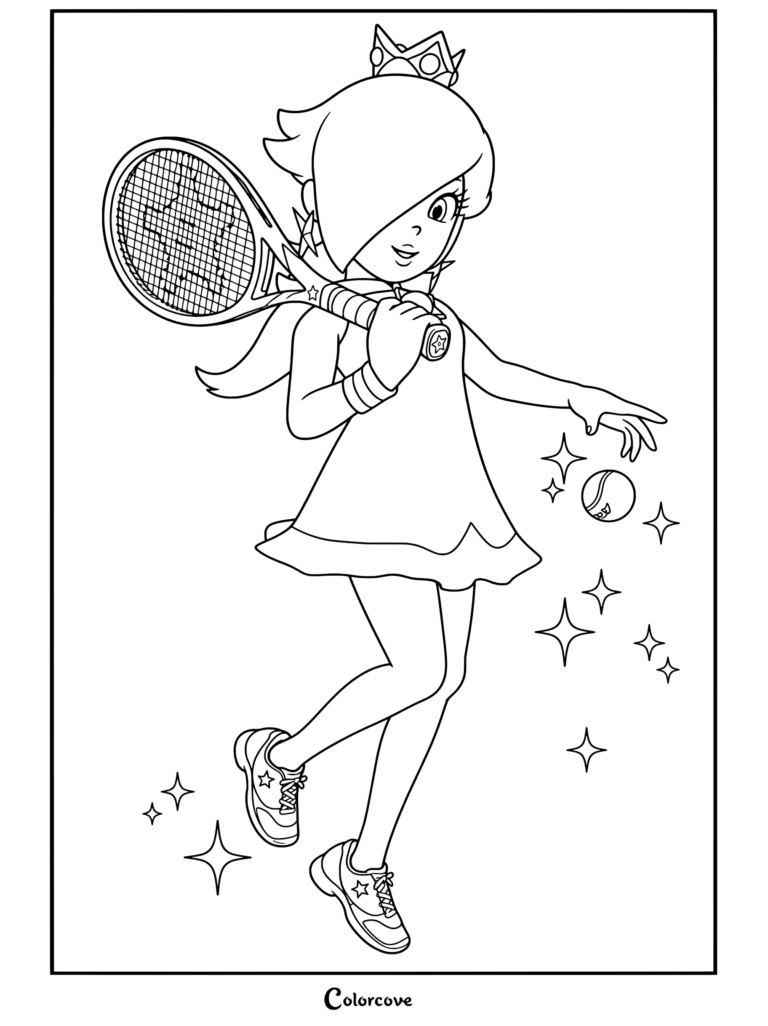 Dibujo para colorear de Rosalina de Mario Tennis Aces sosteniendo una raqueta de tenis y botando una pelota, con un conjunto de tenis azul claro y corona brillante
