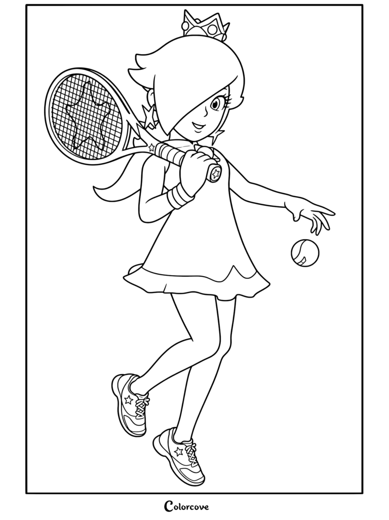 Dibujo para colorear imprimible de Rosalina sosteniendo una raqueta de tenis y botando una pelota de tenis.