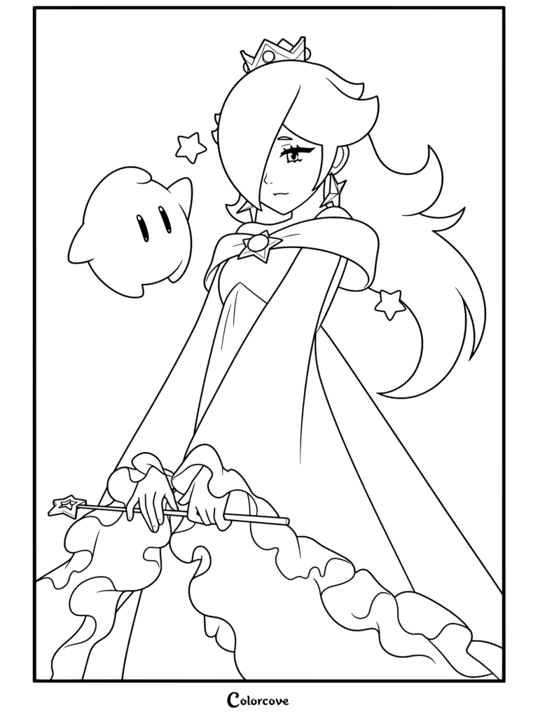Dibujo para colorear gratuito imprimible de Rosalina sosteniendo una varita y vistiendo un vestido azul claro con un Destello flotando cerca.