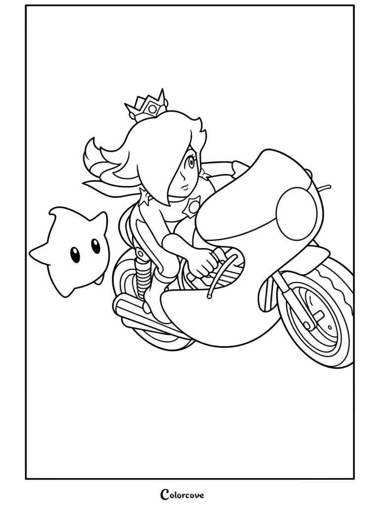 Dibujo para colorear imprimible de Rosalina con su traje de motociclista conduciendo una Moto Bala junto a un Destello, inspirado en Mario Kart.