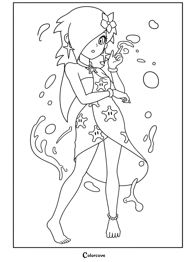 Dibujo para colorear gratuito imprimible de Rosalina en un traje de baño azul con motivos de estrellas y un accesorio de flor rodeada de burbujas.