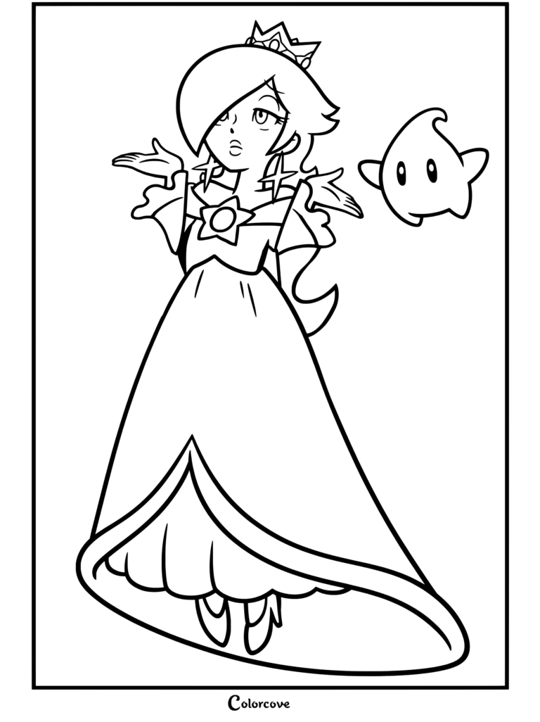 Dibujo para colorear de The Super Mario Galaxy Movie de Rosalina y un Destello posando con gesto de encogimiento de hombros, vistiendo vestido turquesa y corona plateada