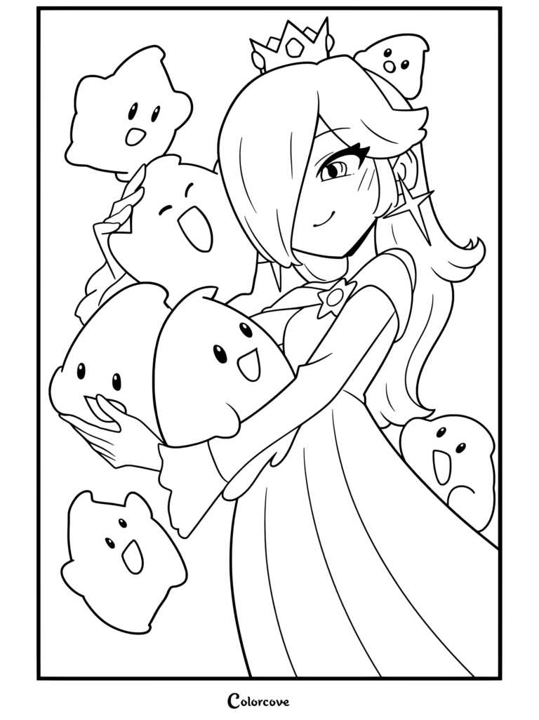Dibujo para colorear de Rosalina con vestido azul claro sosteniendo y rodeada de coloridos Destellos en el espacio