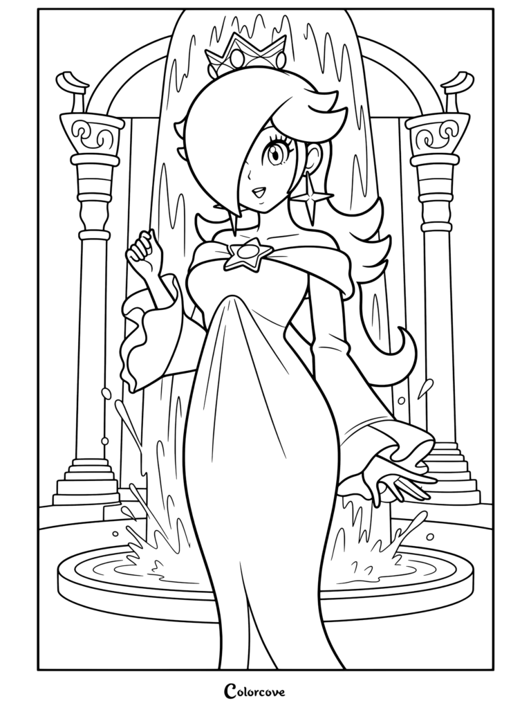 Dibujo para colorear imprimible de Rosalina con un vestido azul claro posando con gracia frente a una cascada y una fuente.