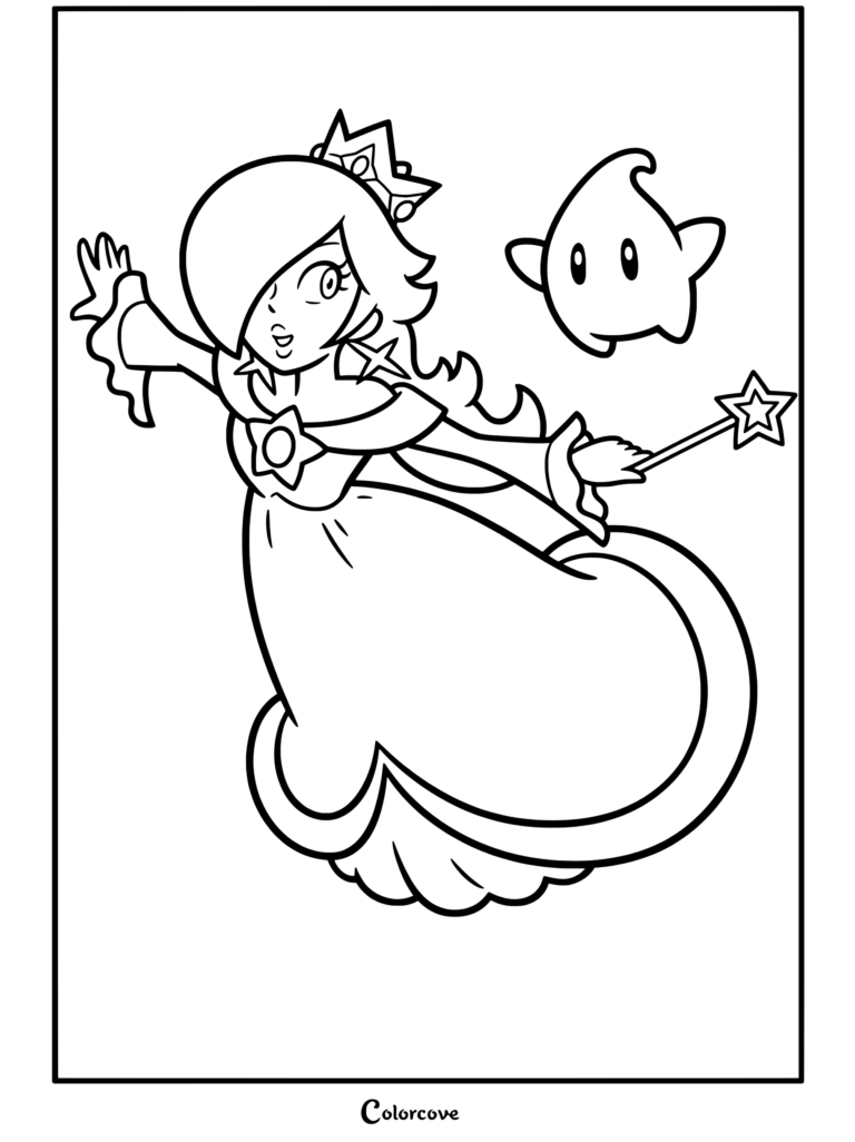 Dibujo para colorear gratuito imprimible de Rosalina con un vestido azul claro, corona y varita, flotando junto a un Destello de Super Mario Galaxy.