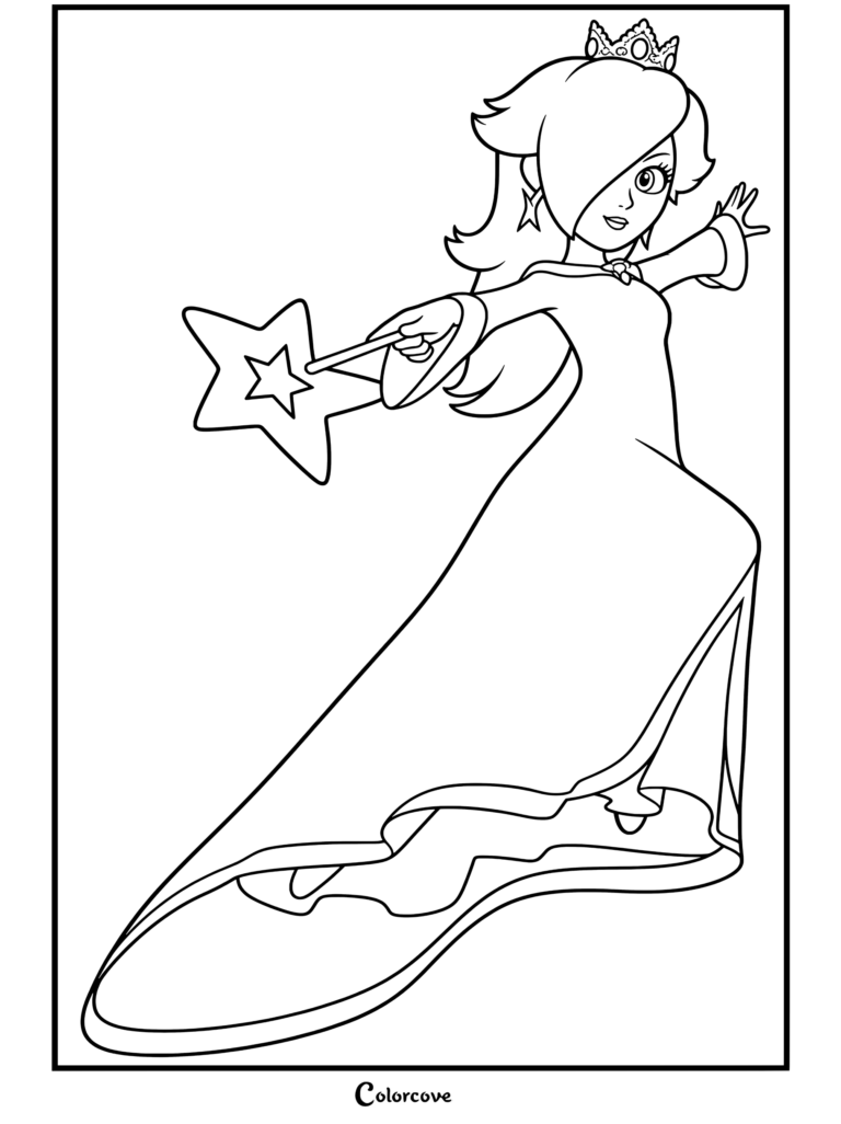 Dibujo para colorear imprimible de Rosalina con vestido verde azulado sosteniendo una varita con punta de estrella y usando corona plateada de The Super Mario Galaxy Movie.