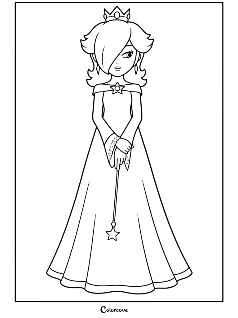 Dibujo para colorear imprimible de Rosalina vistiendo un vestido verde azulado y corona, sosteniendo una varita de estrella con su cabello rubio cubriendo su ojo derecho.