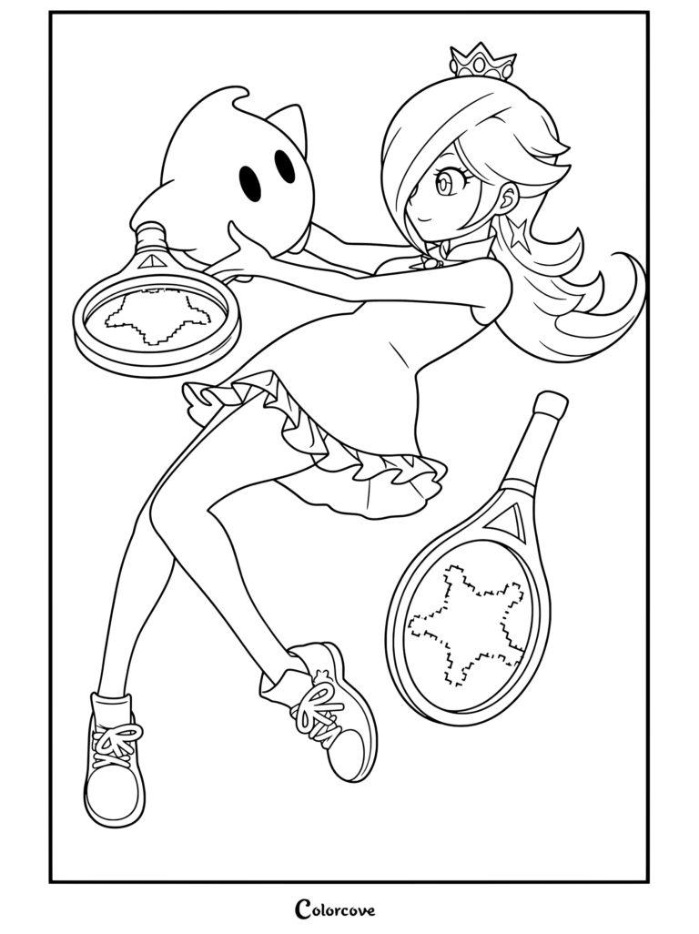 Dibujo para colorear gratuito imprimible de Rosalina jugando al tenis, sosteniendo un Destello con un vestido deportivo azul y raquetas de tenis.