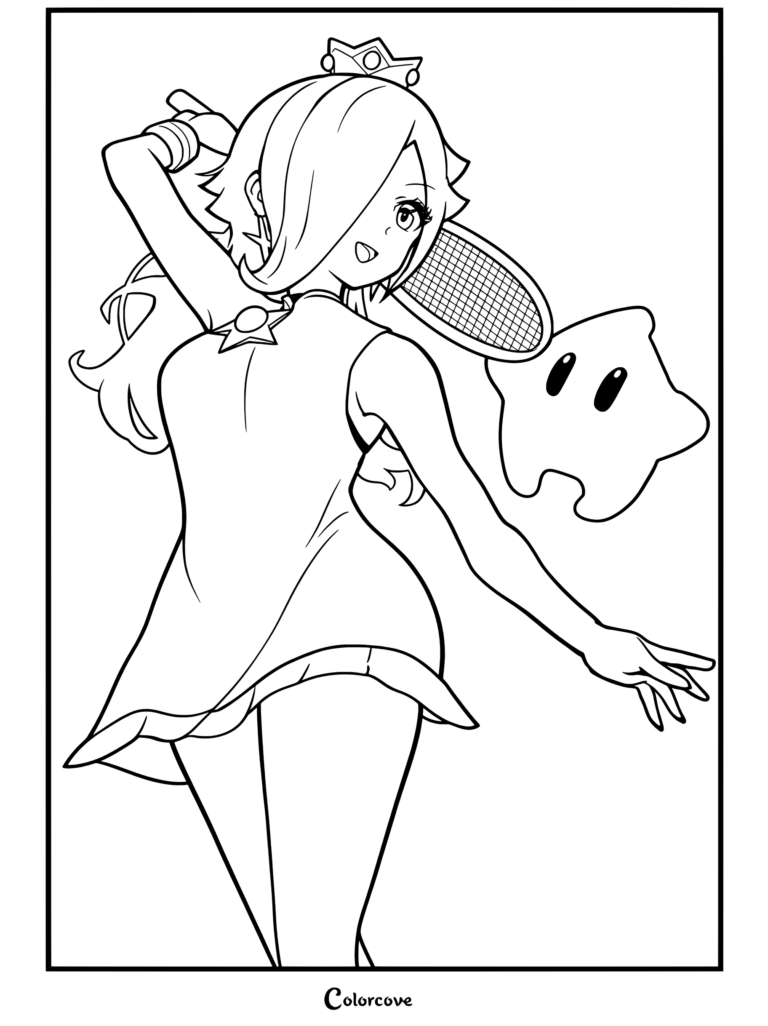 Dibujo para colorear de Rosalina jugando al tenis con un vestido deportivo azul y un Destello bajo un cielo soleado