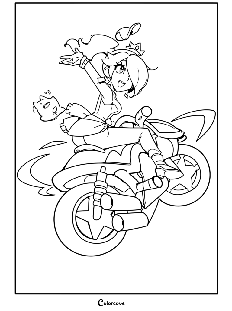 Dibujo para colorear gratuito imprimible de Rosalina conduciendo una motocicleta galáctica futurista mientras sostiene una varita de estrella con un Destello volando al lado.