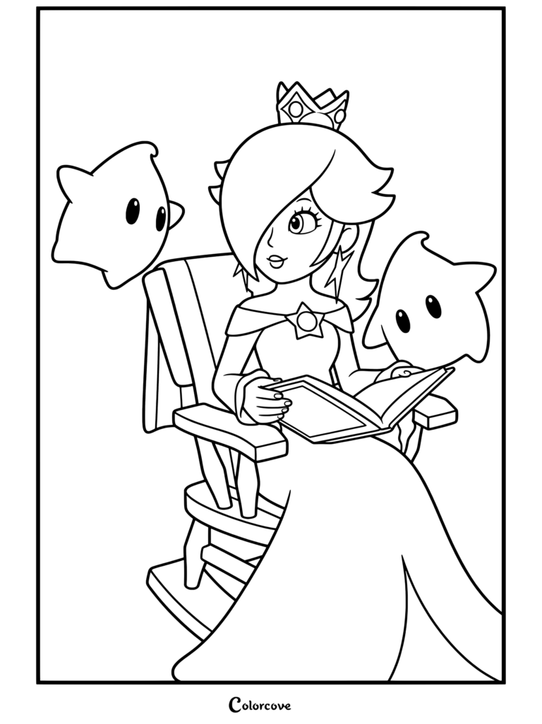 Dibujo para colorear gratuito imprimible de The Super Mario Galaxy Movie de Rosalina sentada en una mecedora de madera leyendo un cuento rodeada de Destellos en el espacio.