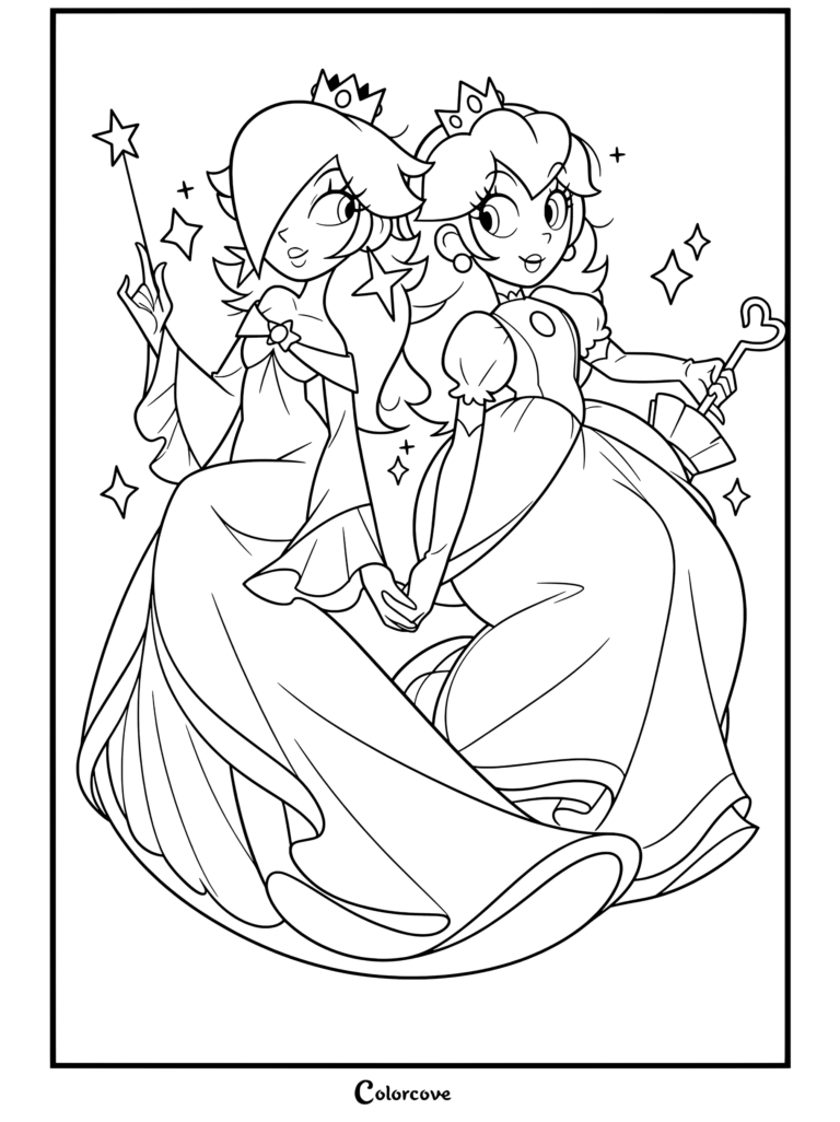 Dibujo para colorear de Rosalina y la Princesa Peach tomadas de la mano con una varita y una sombrilla