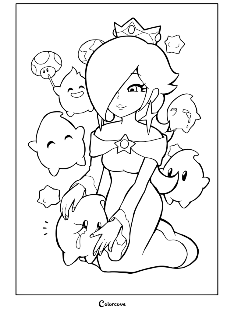 Dibujo para colorear gratuito imprimible de Rosalina rodeada de coloridos Destellos y sosteniendo a un Destello que llora.