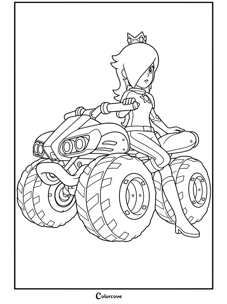 Dibujo para colorear gratuito imprimible de Rosalina vistiendo un traje de motociclista y conduciendo un cuatriciclo ATV azul con neumáticos de monstruo en Mario Kart.