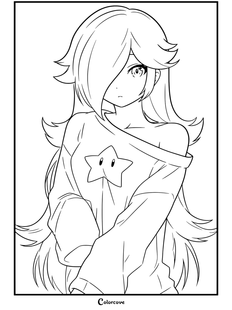 Dibujo para colorear de Rosalina vistiendo un suéter azul claro de hombros caídos con gráfico de estrella Destello.