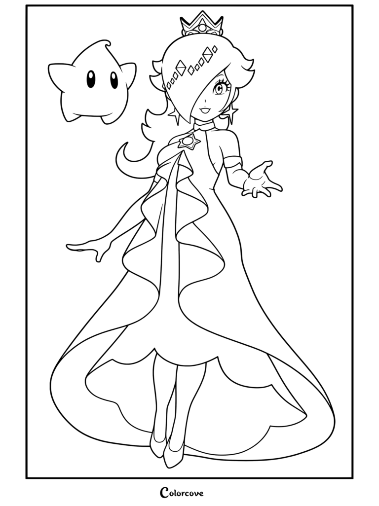 Dibujo para colorear imprimible de Rosalina de Mario Kart Tour usando su Atuendo Aurora junto a un Destello.