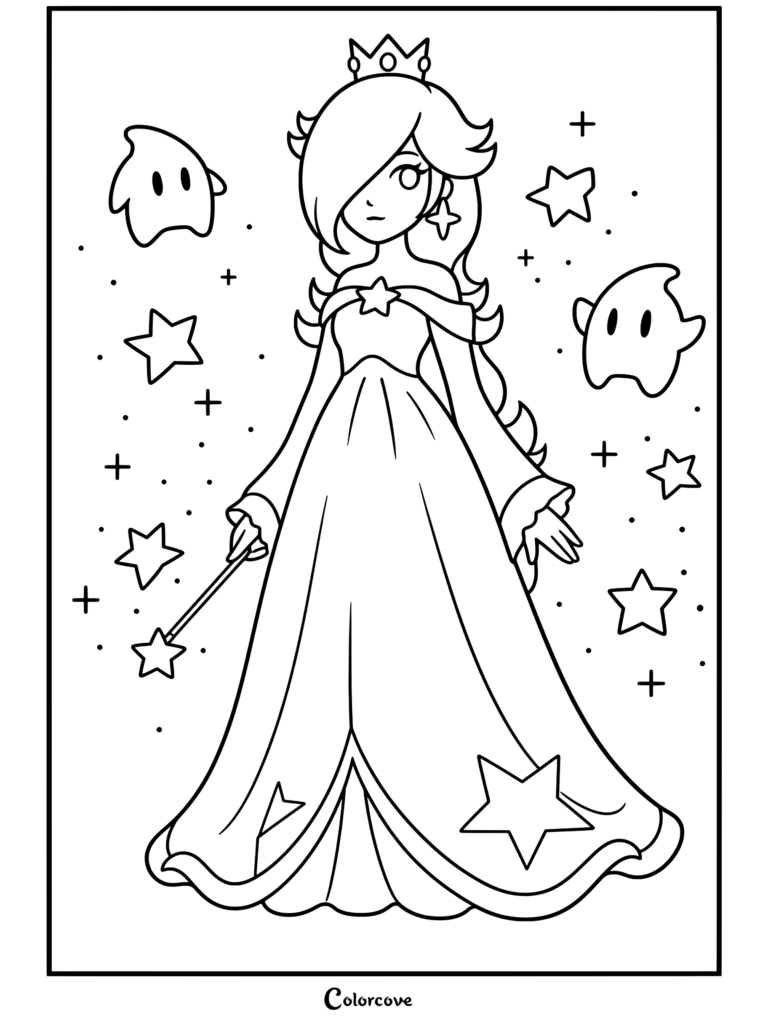 Dibujo de Rosalina para imprimir con un vestido azul claro sosteniendo una varita, rodeada de simpáticos Destellos y estrellas brillantes.