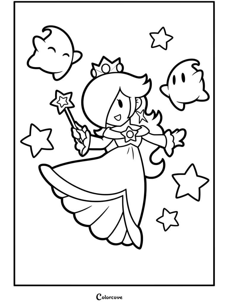 Dibujo para colorear de Rosalina en estilo de papel sosteniendo una varita rodeada de destellos y estrellas de colores