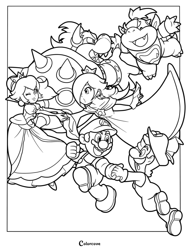 Página para colorear imprimible gratuita con Rosalina, Mario, Luigi, la Princesa Peach, Bowser y Bowser Jr. en una escena galáctica llena de acción.