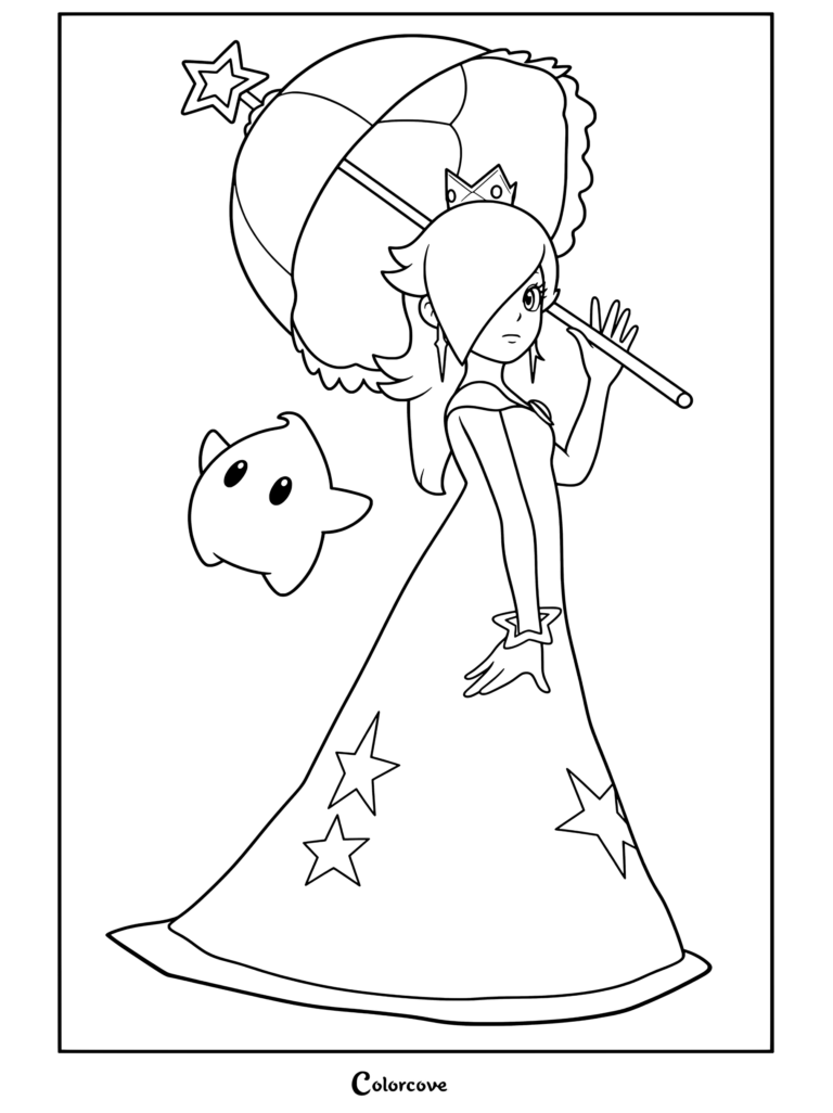 Dibujo para colorear imprimible de Rosalina con su atuendo aurora sosteniendo una sombrilla azul claro junto a un Destello de The Super Mario Galaxy Movie.