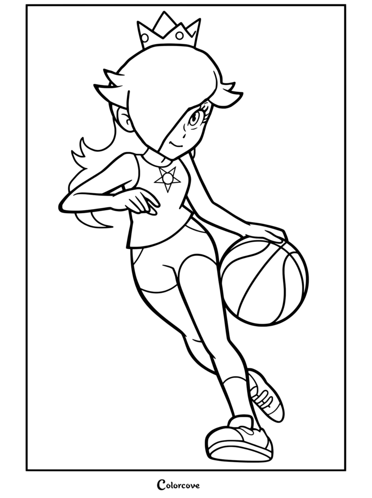 Dibujo para colorear de Rosalina sosteniendo un balón de baloncesto brillante en ropa deportiva con efectos de estrellas terminados